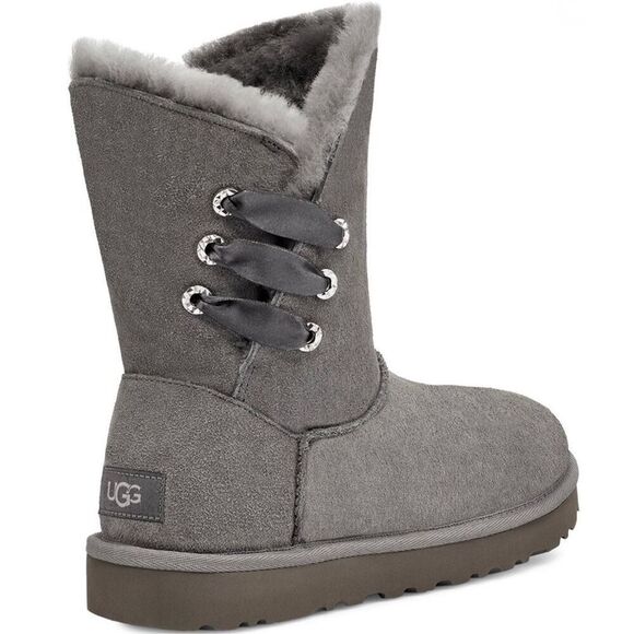 NEW Women’s UGG Constantine Satin Ribbon Winter Fur Boots Size 5 Gray - Picture 1 of 5